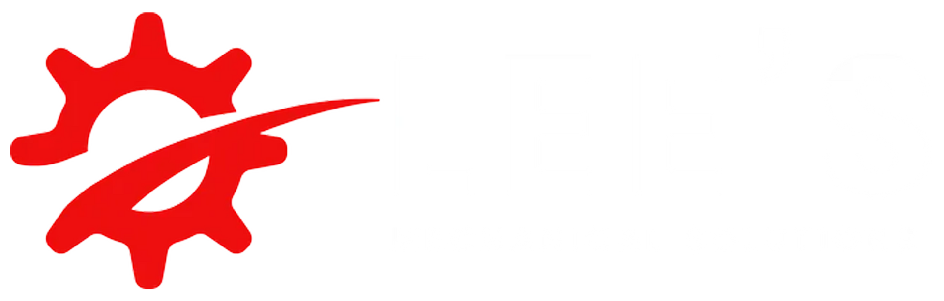 A red gear with a arrow going through it on a white background.