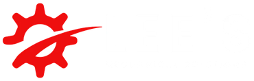 A red gear with a arrow going through it on a white background.