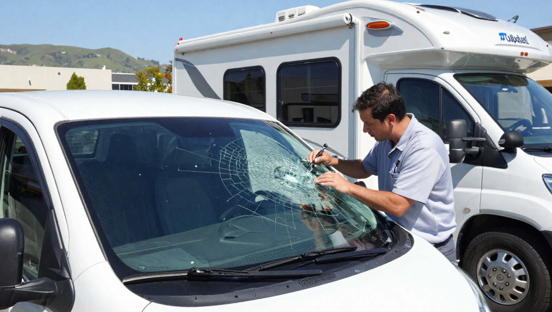 A man is installing a windshield on a car in a garage.