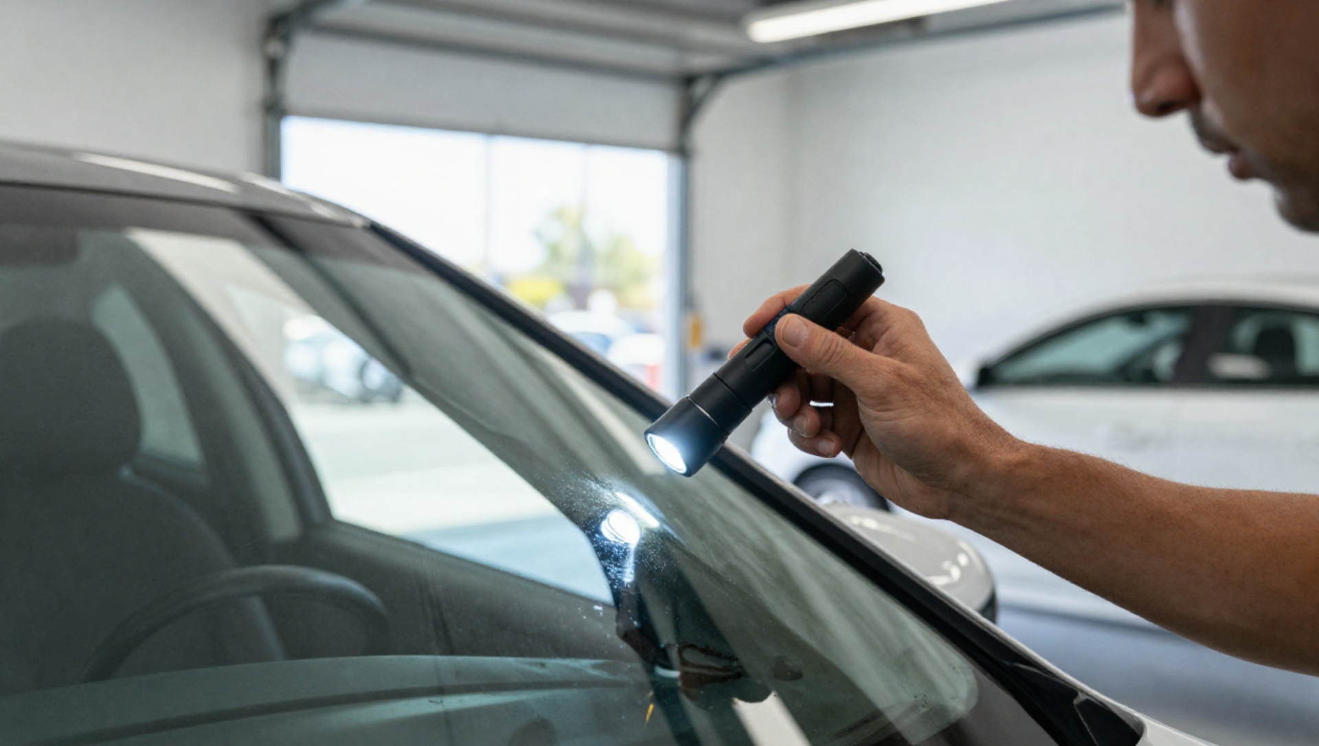 A man is installing a windshield on a car in a garage.