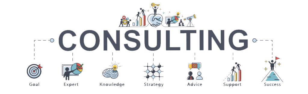 The word consulting is on a white background with icons.