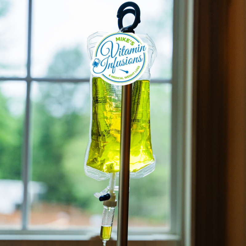 IV bag with yellow liquid, labeled