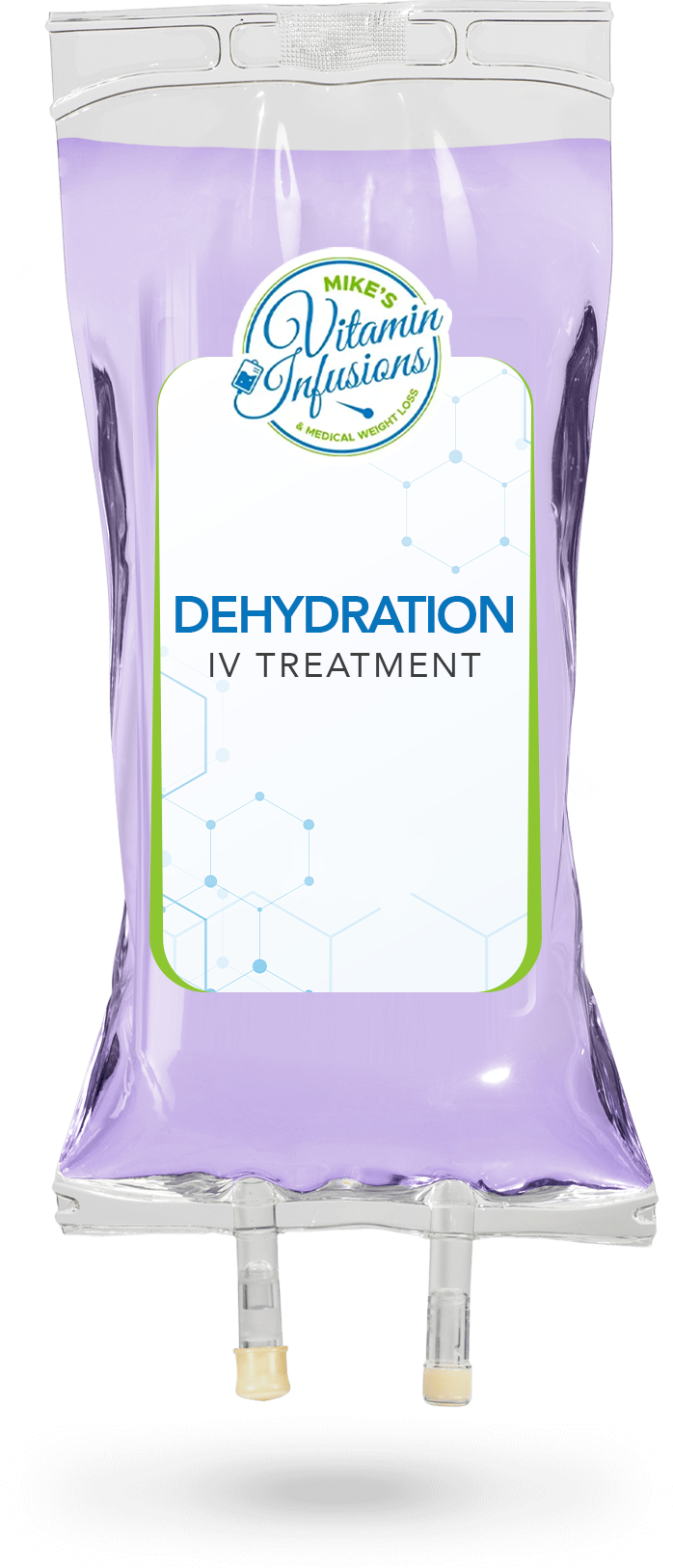 IV bag with purple liquid, labeled