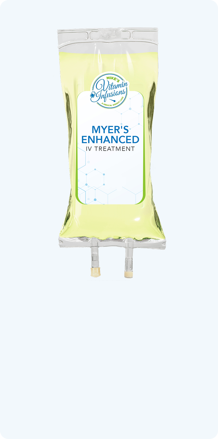 IV bag labeled "Myer's Enhanced" with light yellow liquid, on a white background.