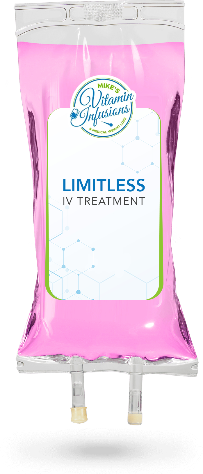 IV bag filled with pink liquid, labeled "Limitless Treatment".