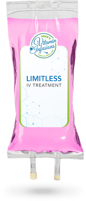 IV bag filled with pink liquid, labeled "Limitless Treatment".