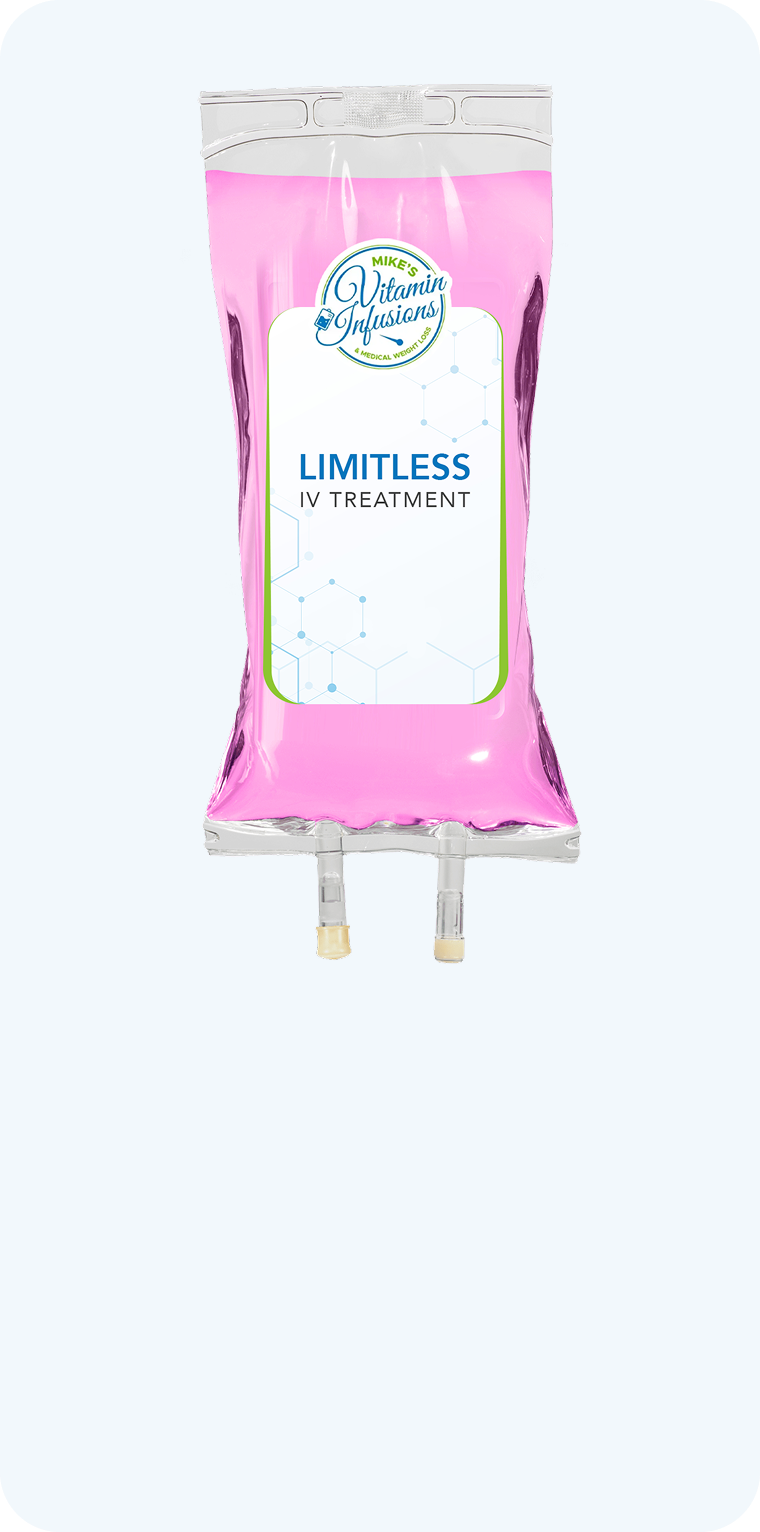 IV bag filled with pink liquid, labeled "Limitless Treatment".
