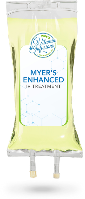 IV bag labeled "Myer's Enhanced" with light yellow liquid, on a white background.