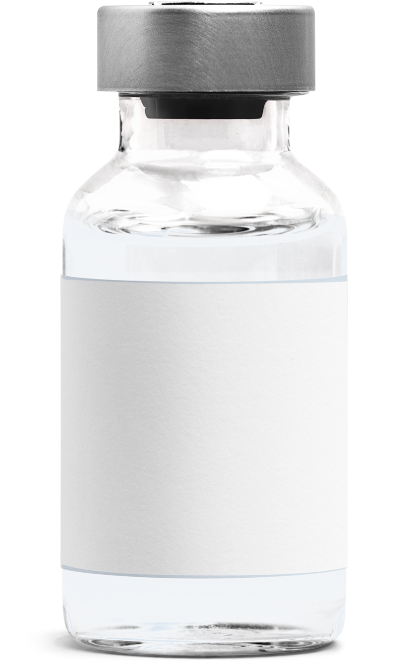 Clear glass vial with a gray cap and a blank white label