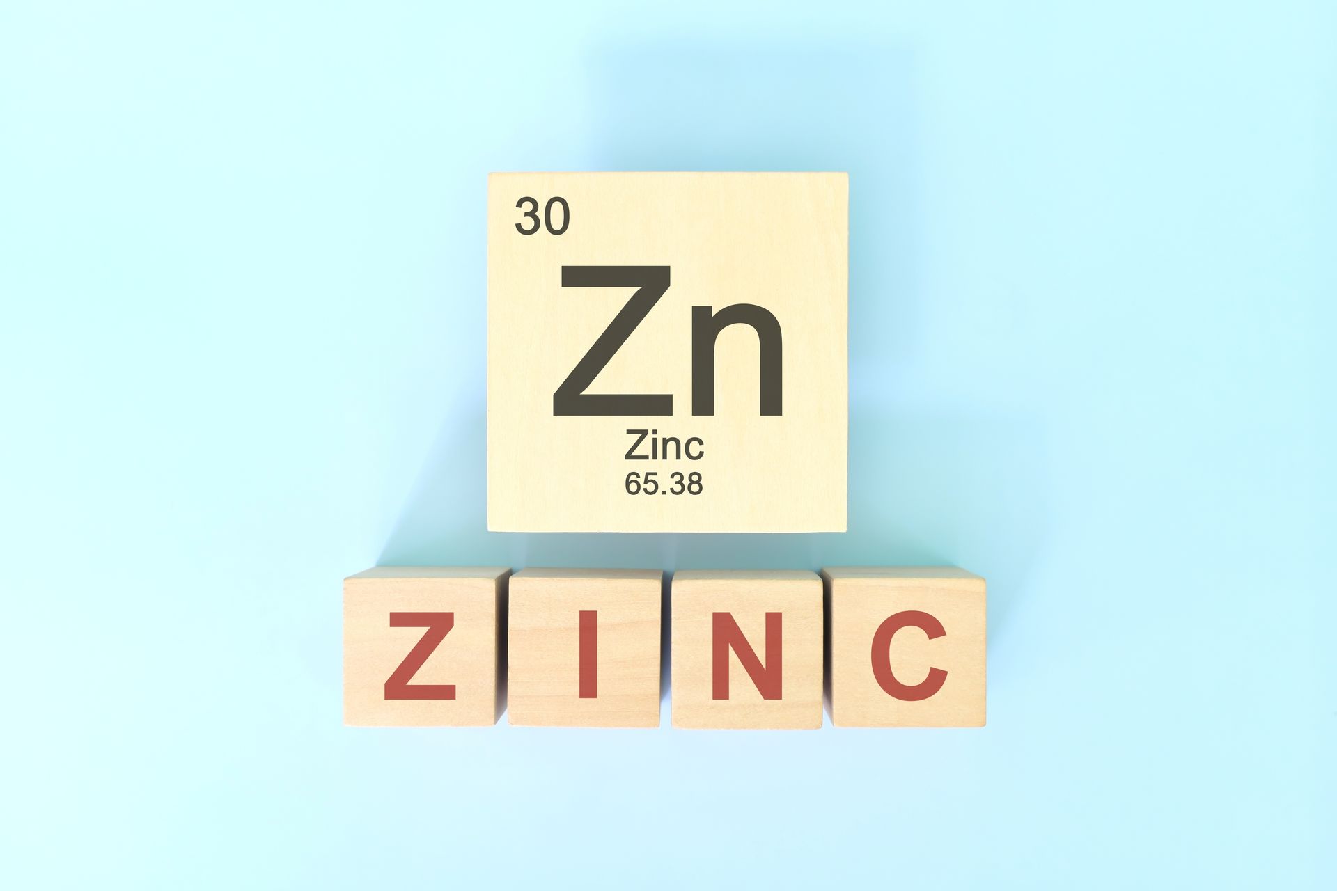 A light blue background features the element Zinc: