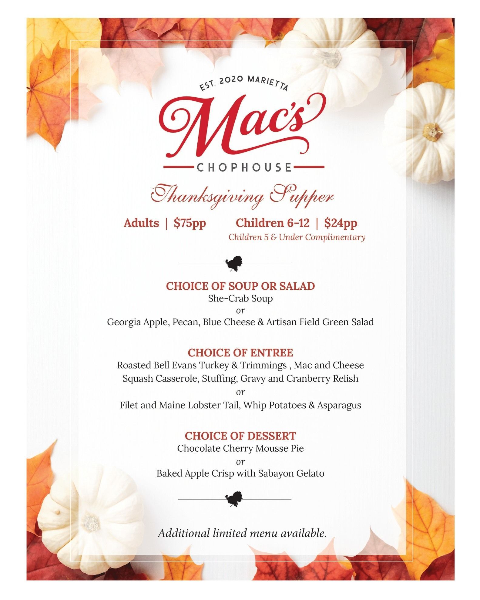 A menu for mac 's chophouse with white pumpkins and leaves on it.
