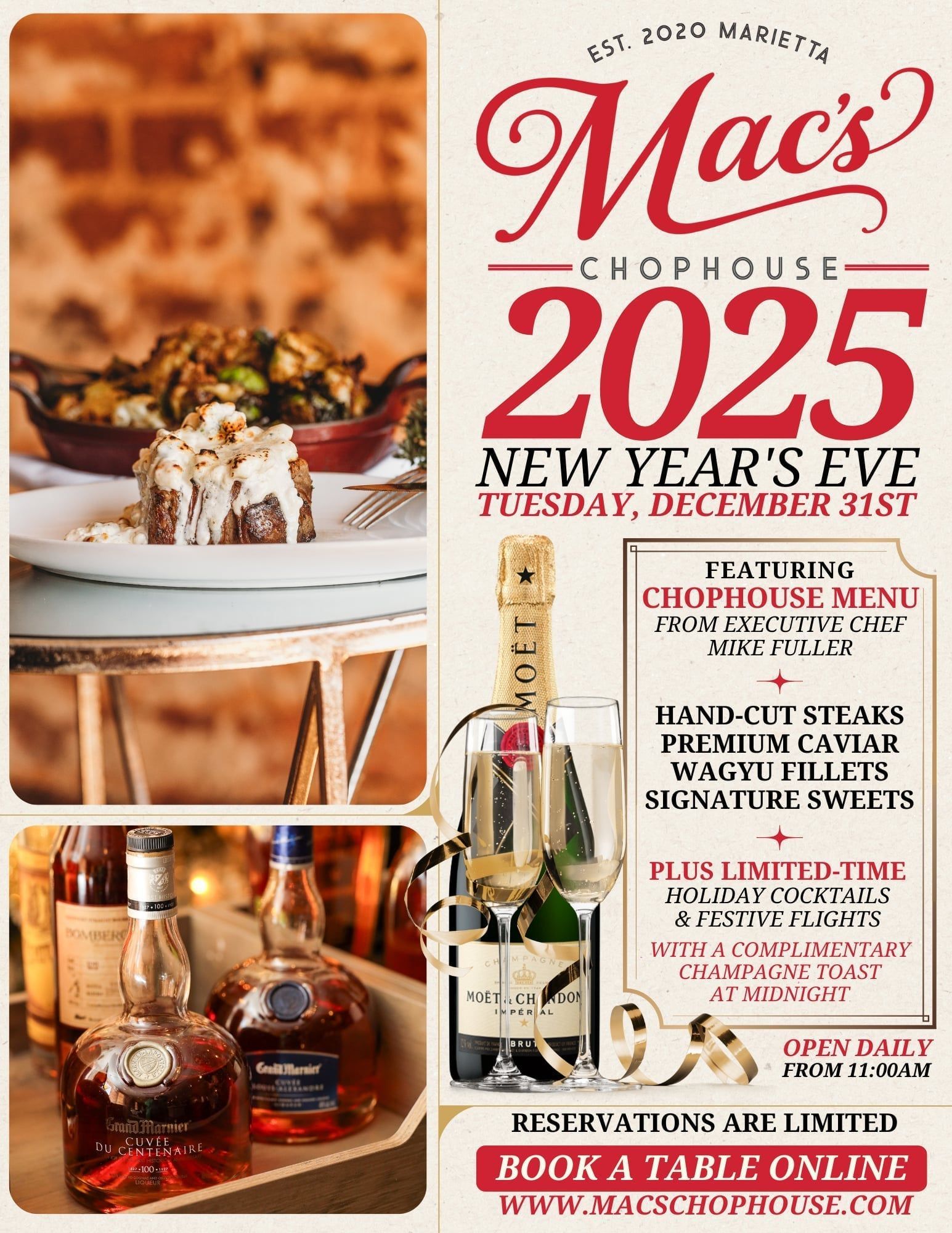 A poster for mac 's chophouse 's new year 's eve.
