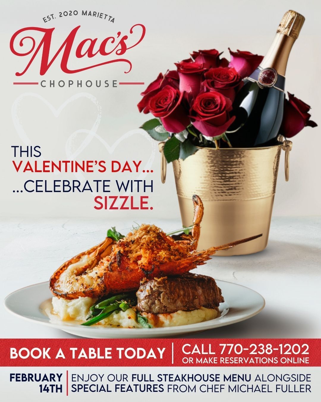 An advertisement for mac 's chophouse for valentine 's day