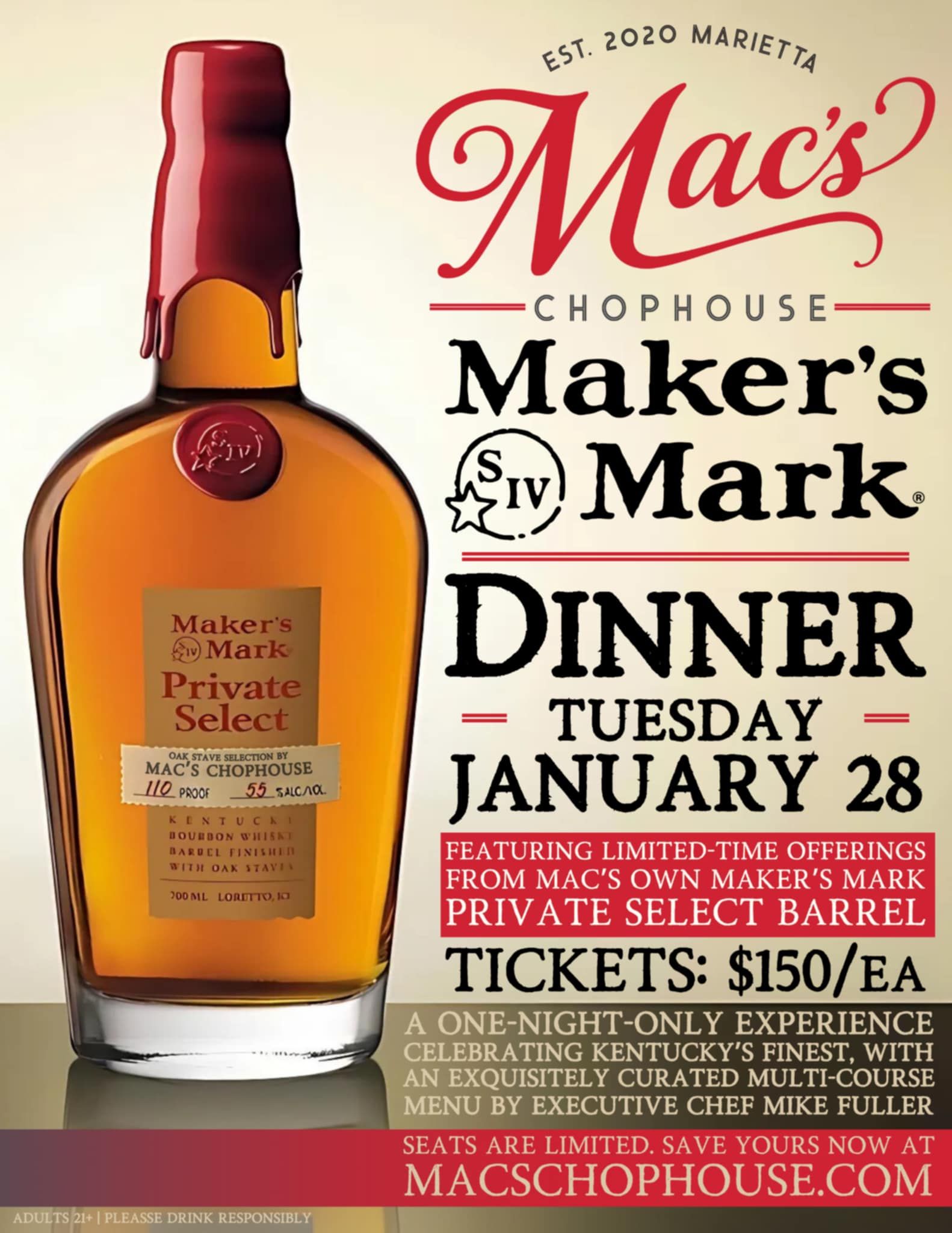 A bottle of maker 's mark is on a poster for mac 's chophouse