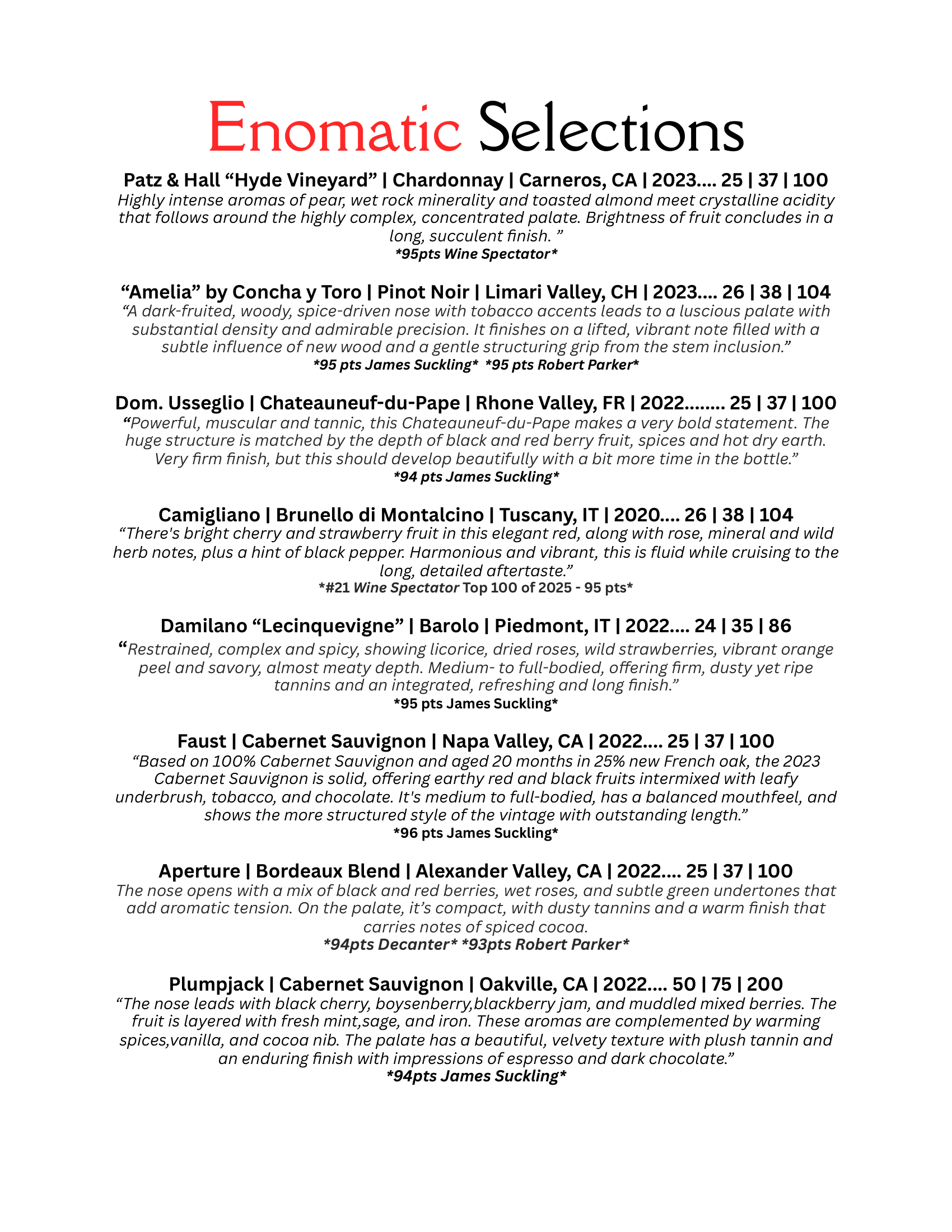 A menu for wines by the glass with a list of wines.