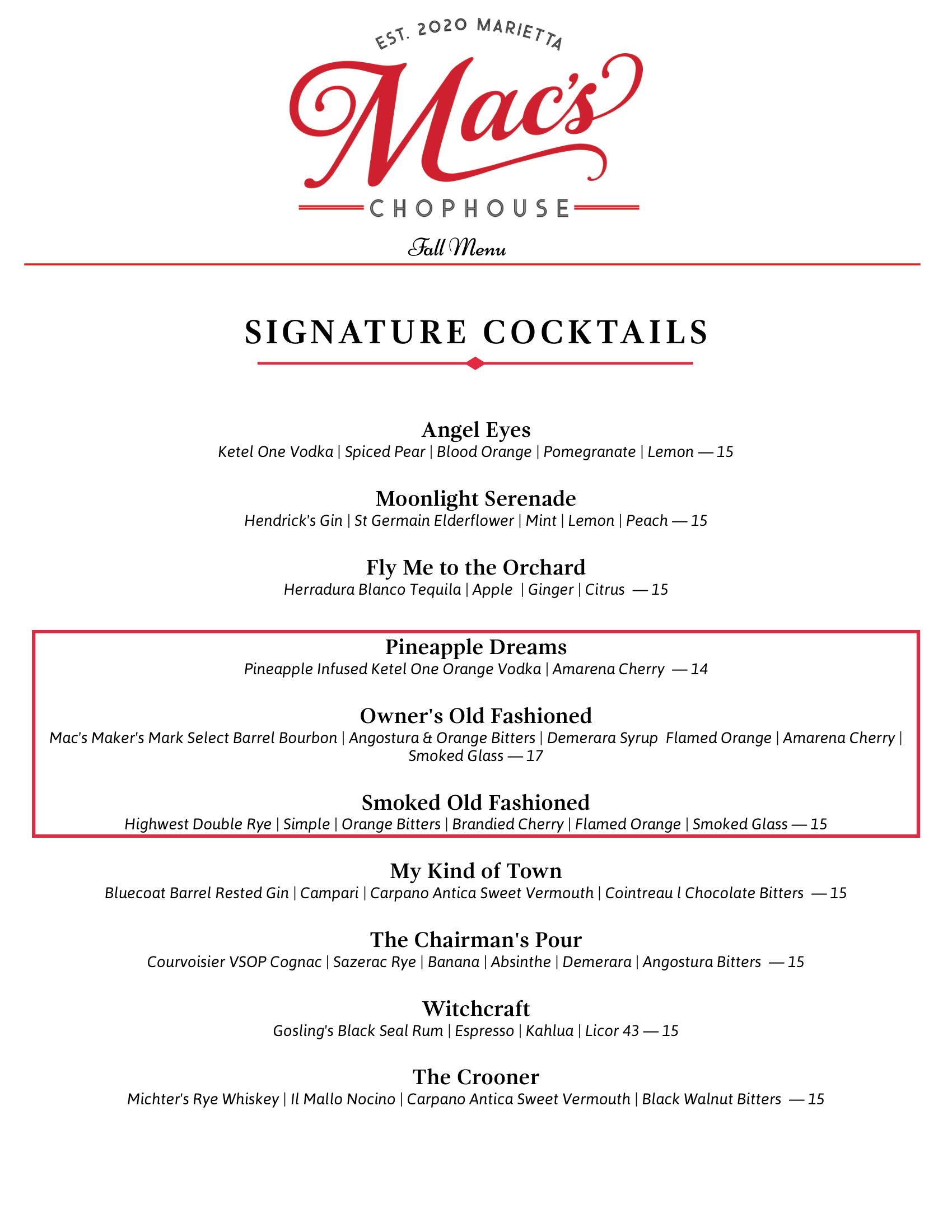 A menu for mac 's restaurant with signature cocktails and holiday cocktails.