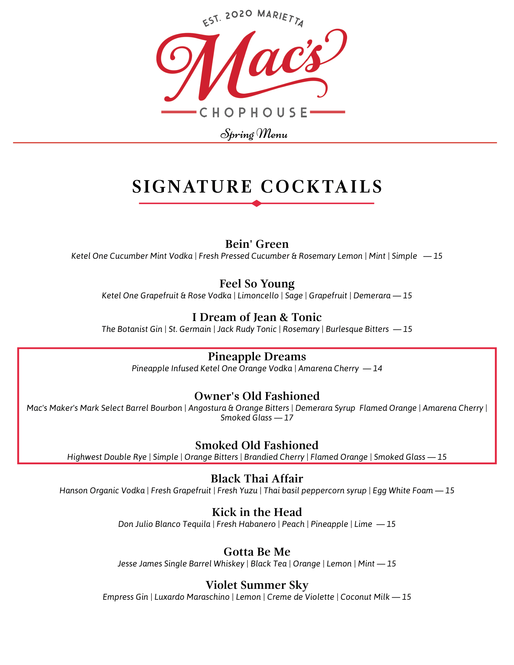 A menu for mac 's restaurant with signature cocktails and holiday cocktails.