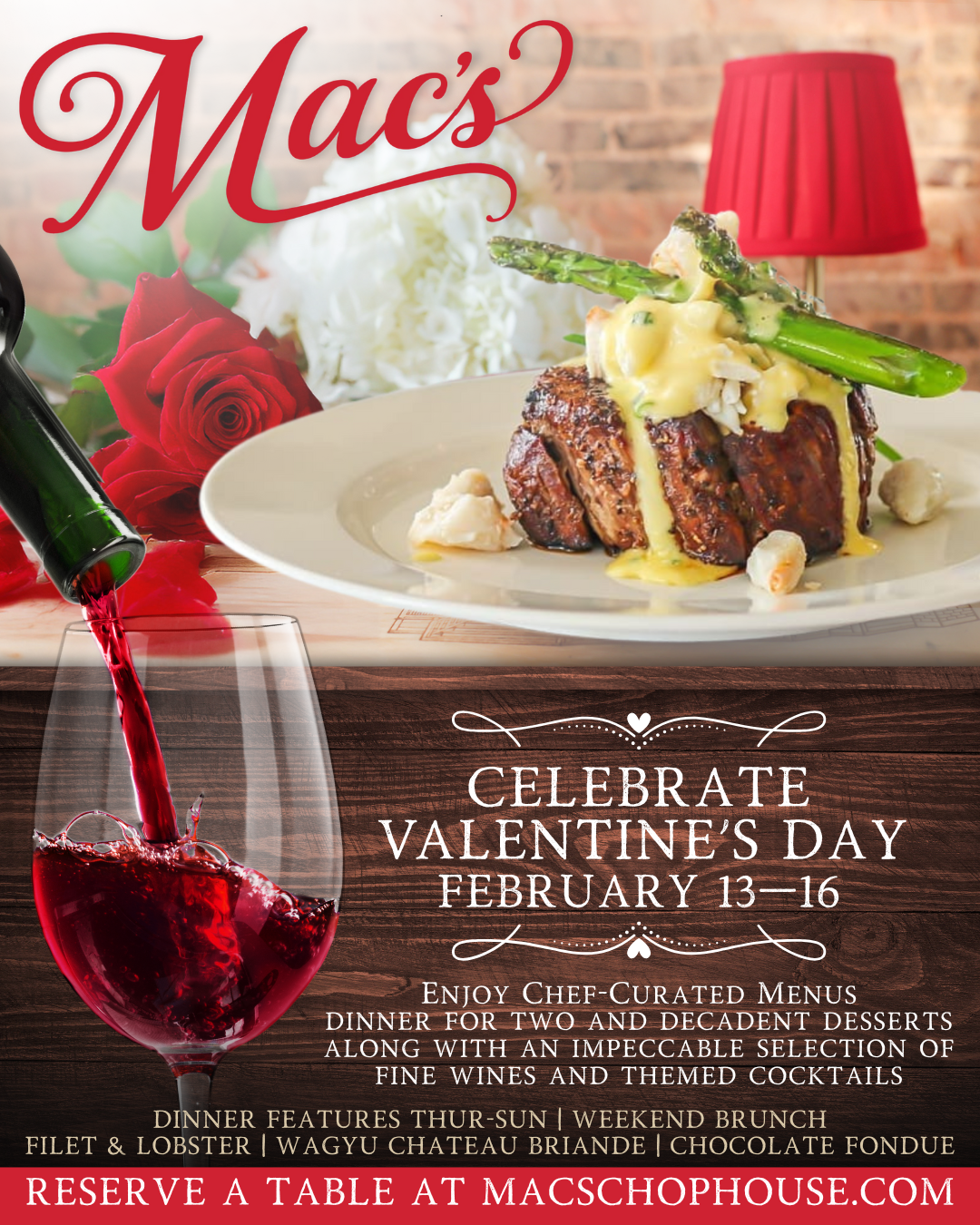 An advertisement for mac 's chophouse for valentine 's day
