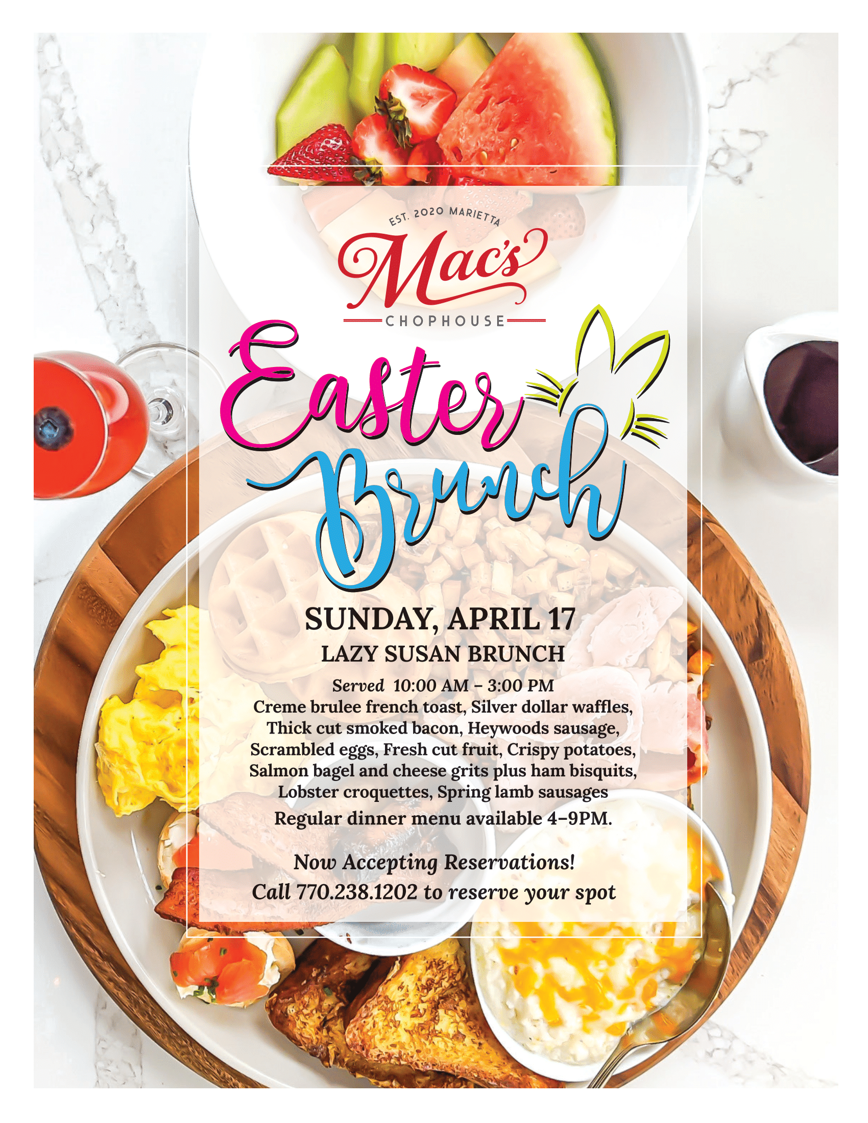 A poster for an easter brunch with a plate of food on a table.