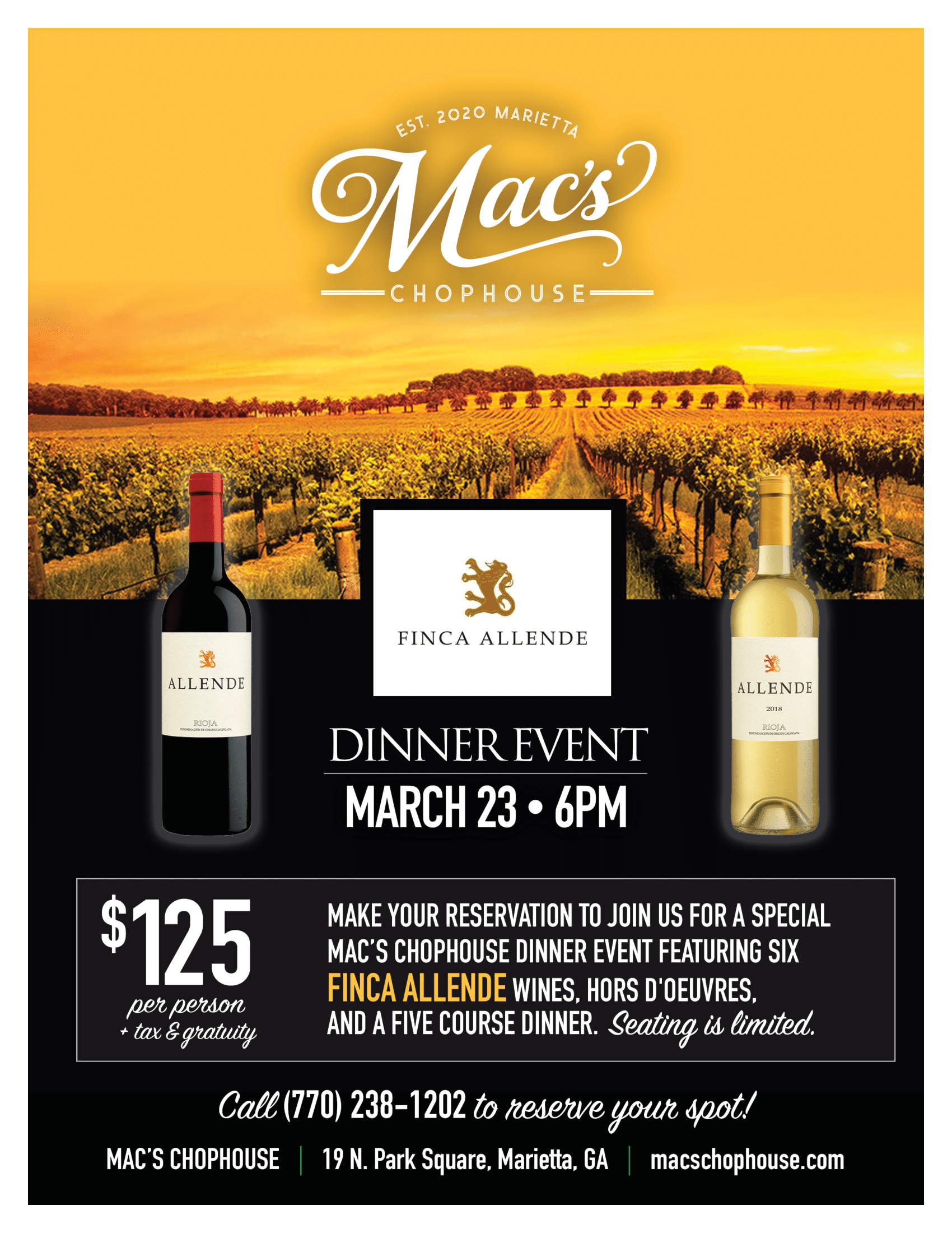 A flyer for a dinner event with two bottles of wine