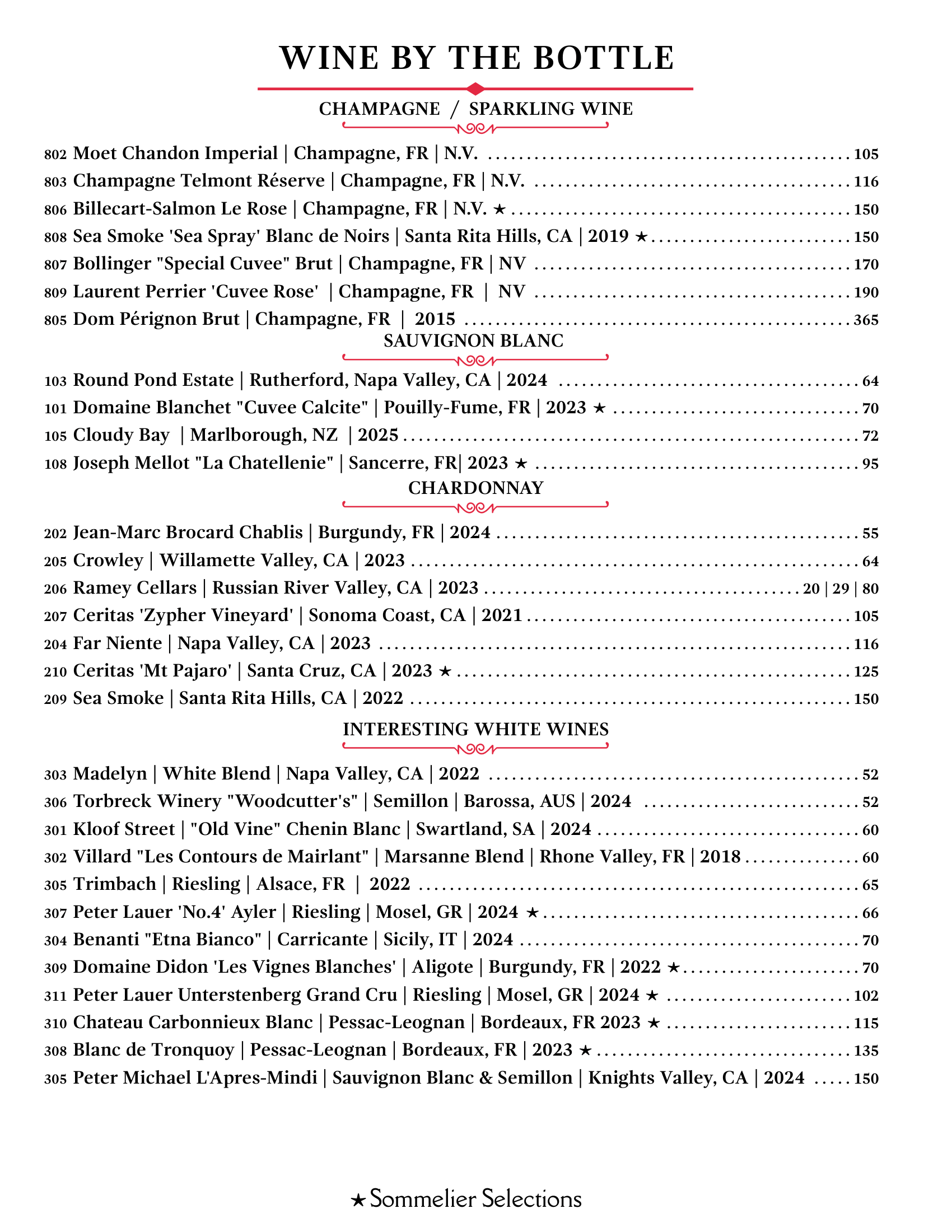 A menu for a restaurant called wine by the bottle.