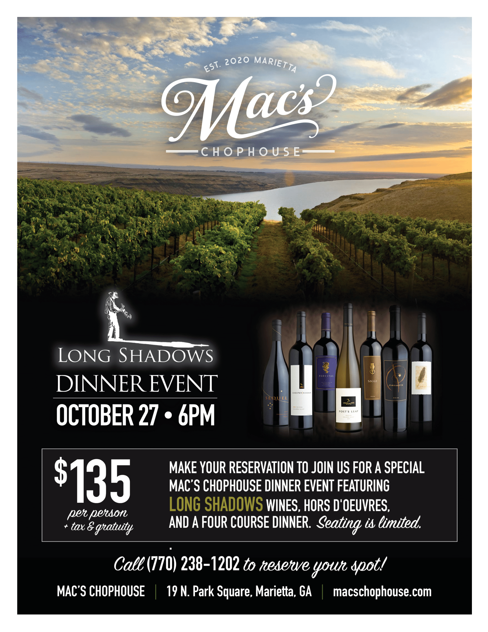 A flyer for a long shadows dinner event.