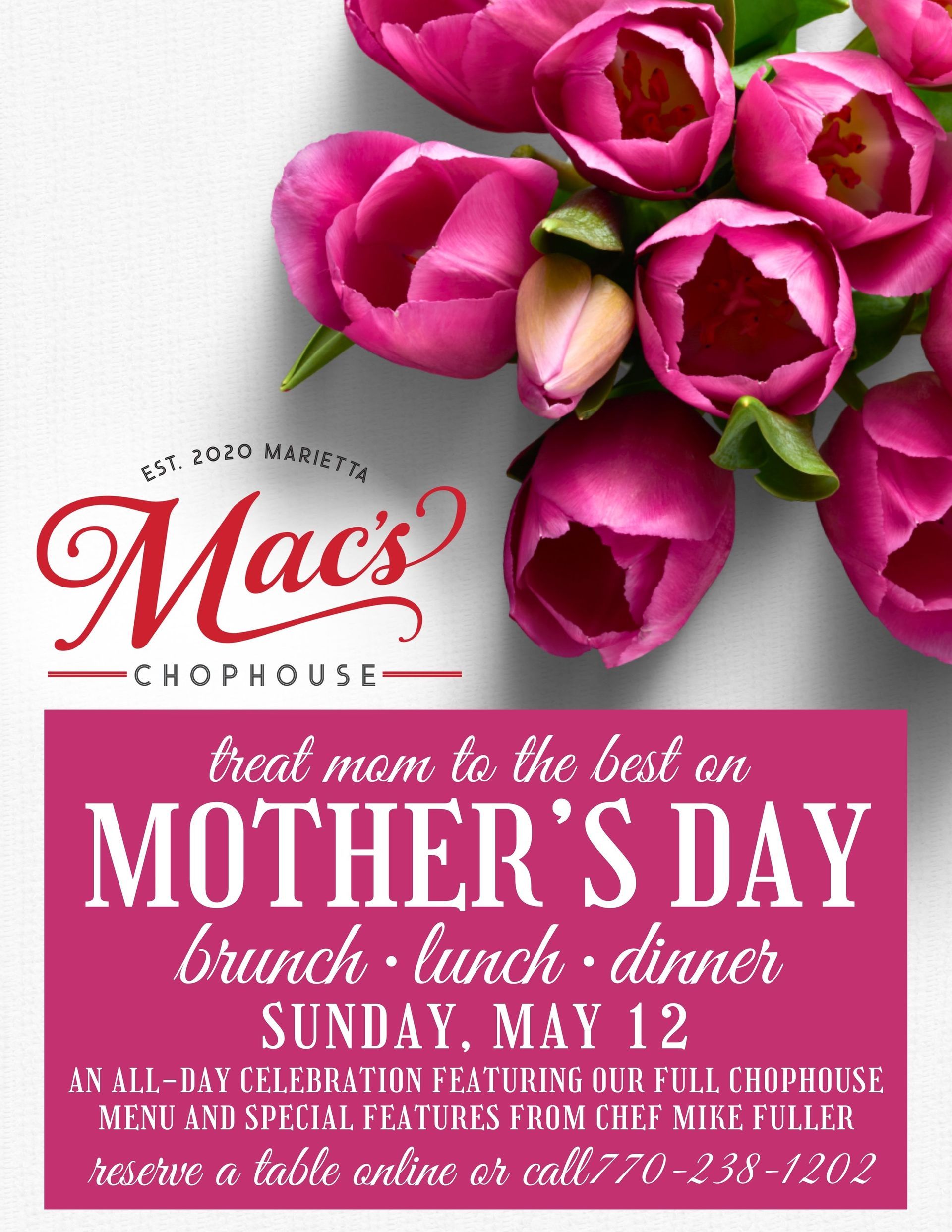 An advertisement for mac 's chophouse for mother 's day brunch lunch and dinner