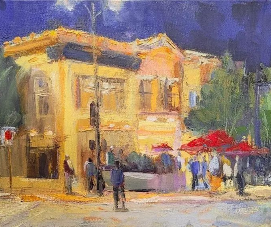 A painting of people walking in front of a building