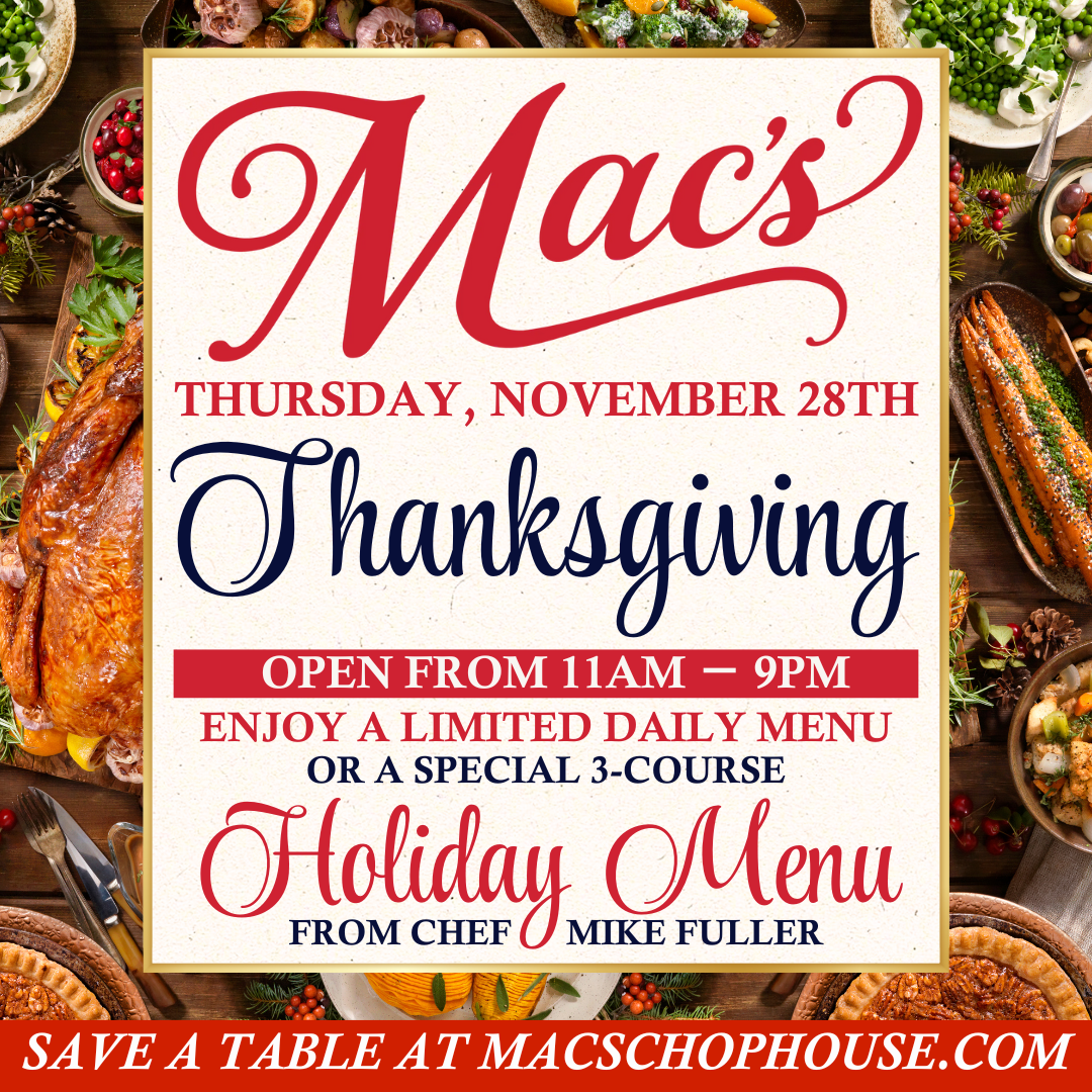 A poster for mac 's thanksgiving dinner.