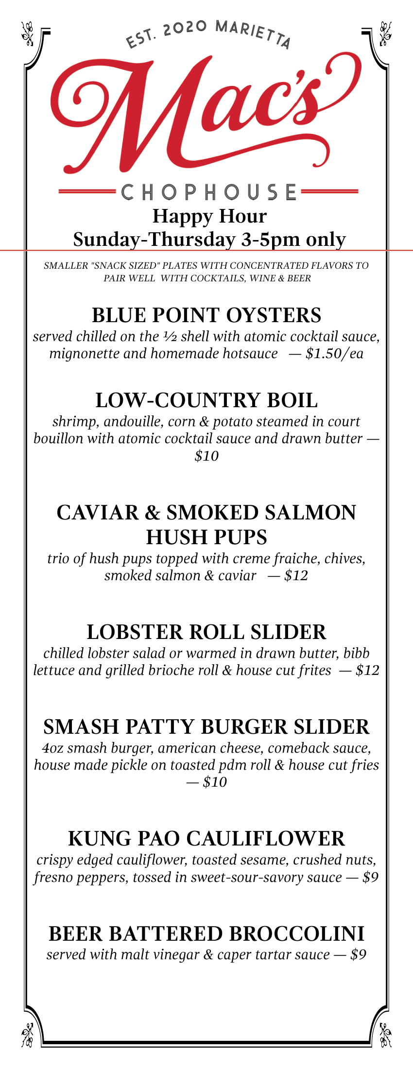 A menu for a restaurant called mac 's chophouse