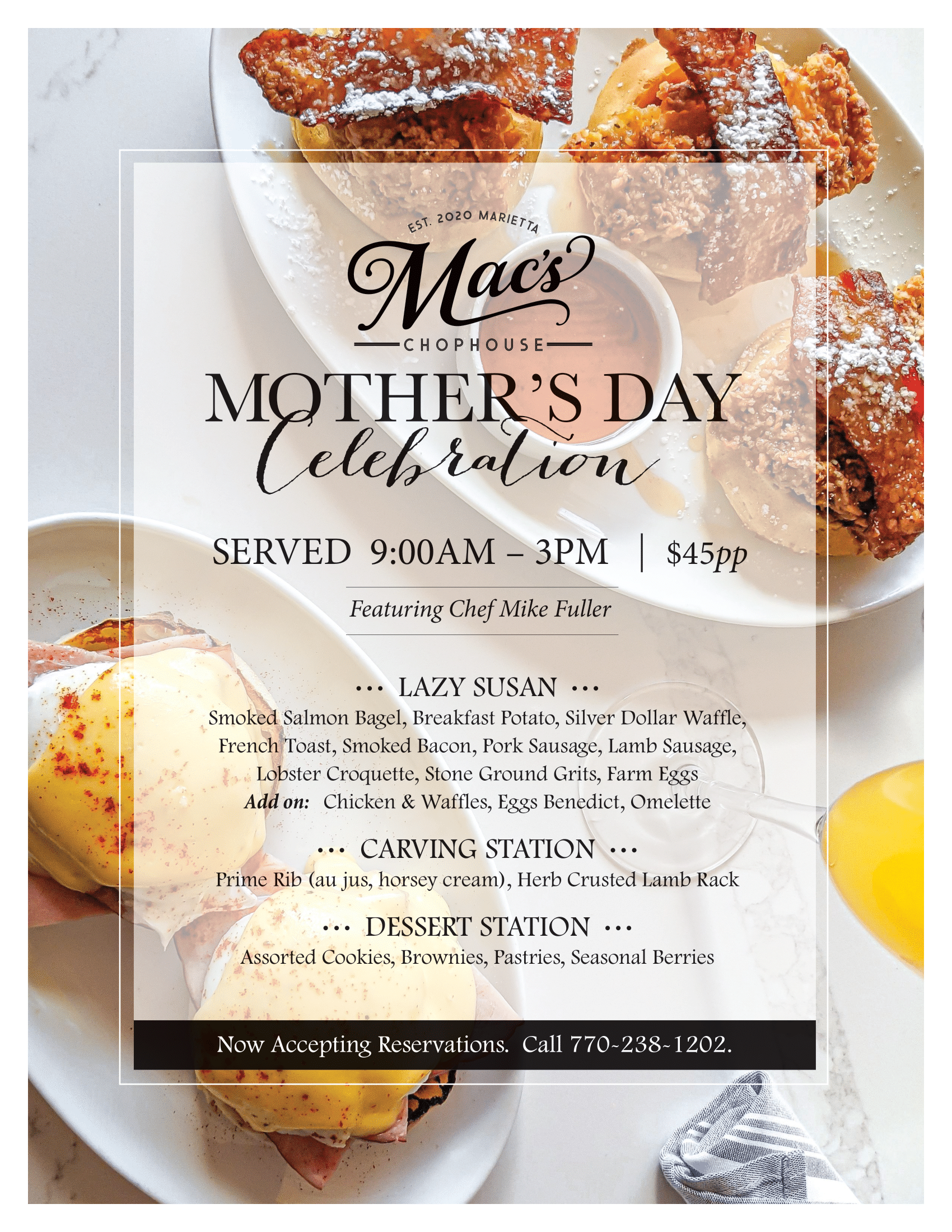 A flyer for a mother 's day celebration with a plate of food on it.