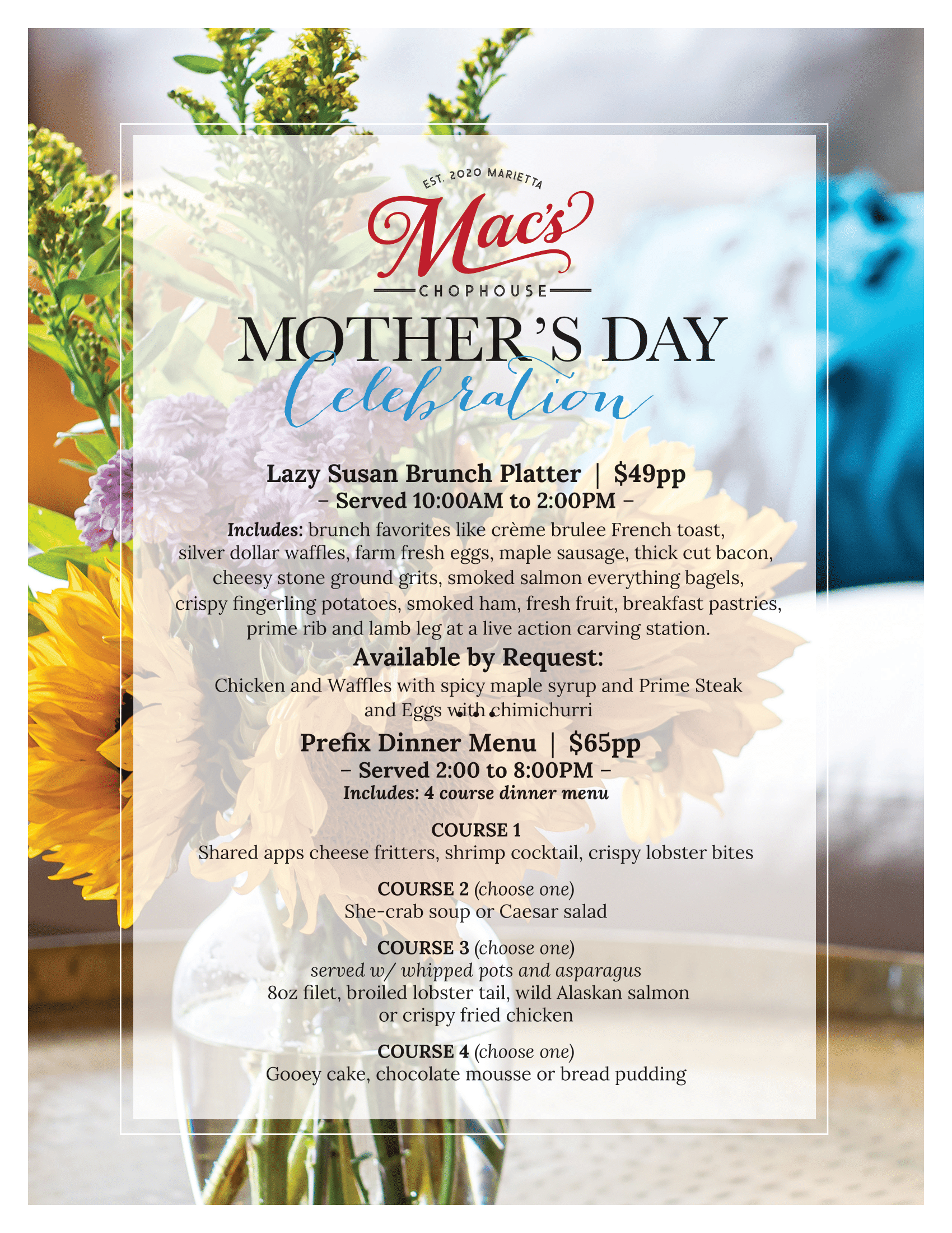A mother 's day celebration flyer with a picture of flowers in a vase.