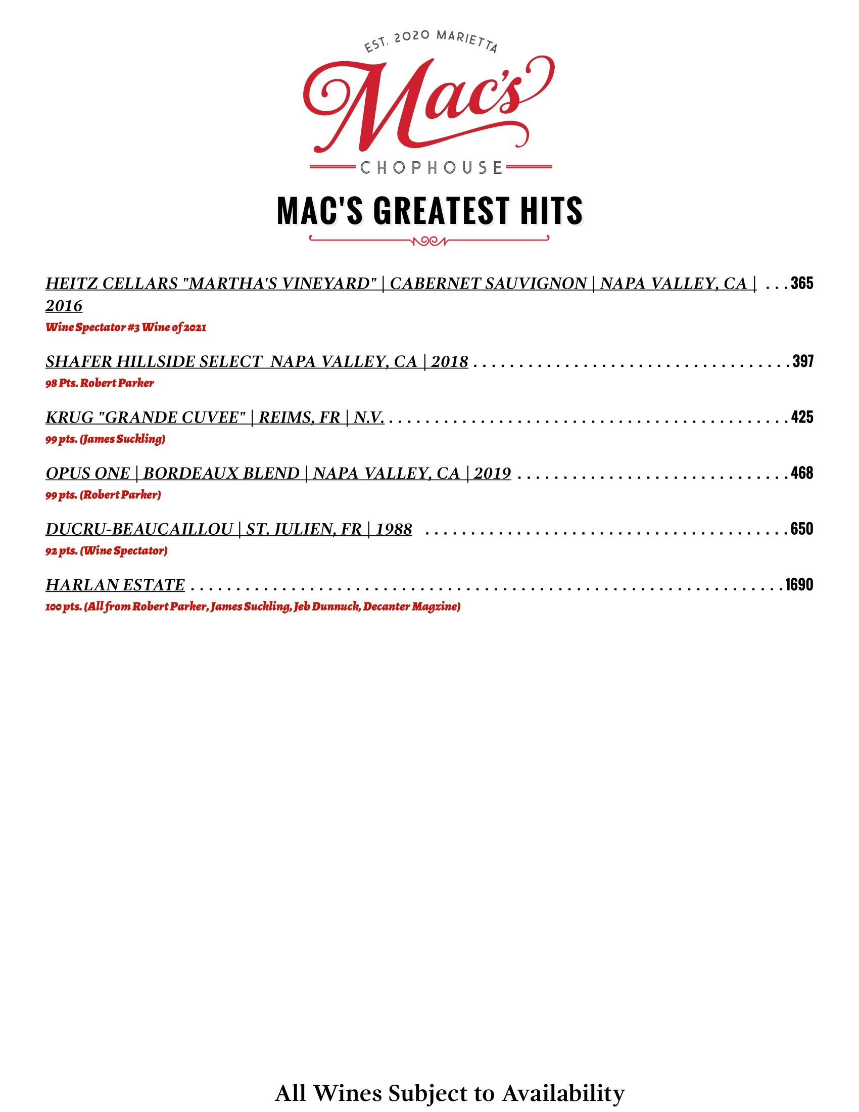 A menu for a restaurant called mac 's greatest hits.