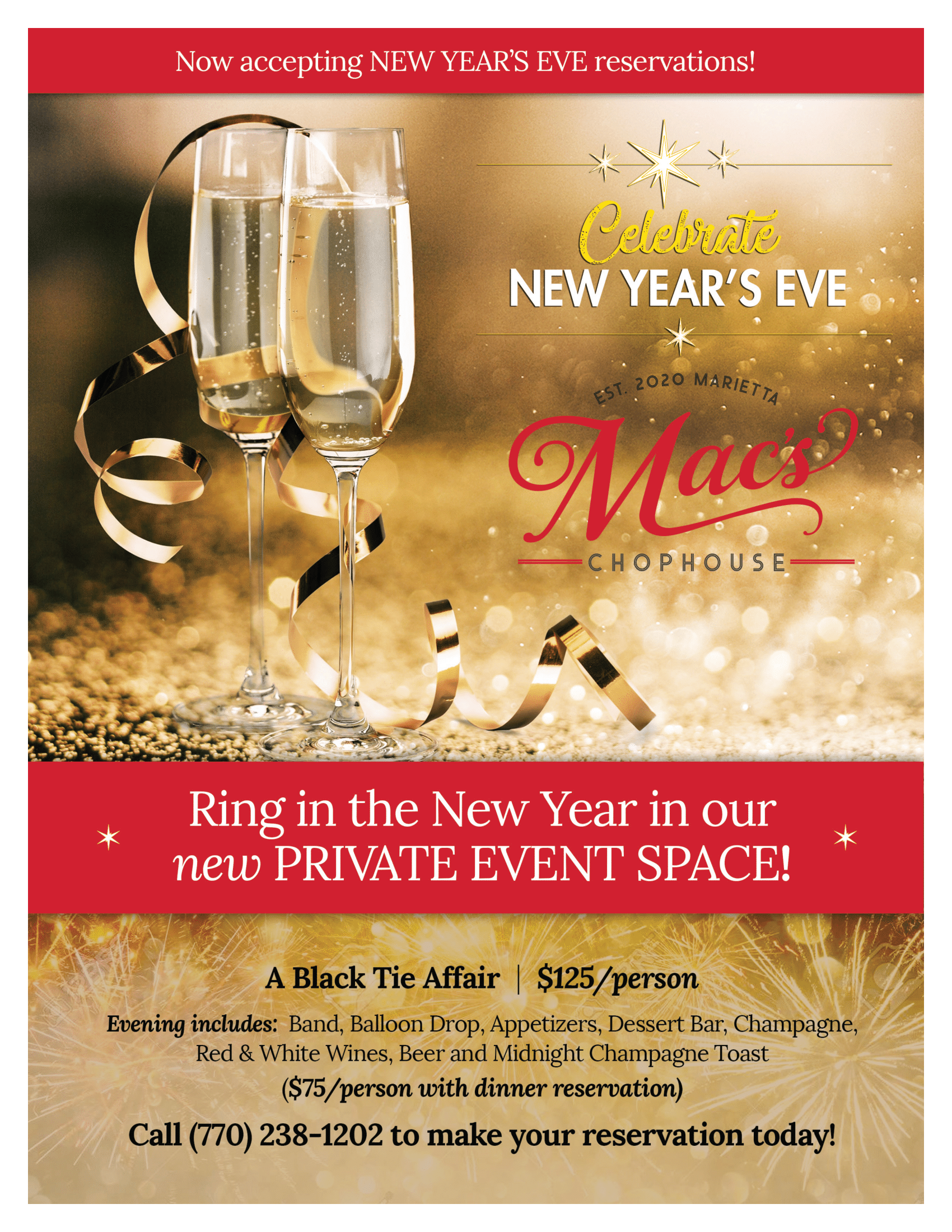 A poster for a new year 's eve party with two glasses of champagne