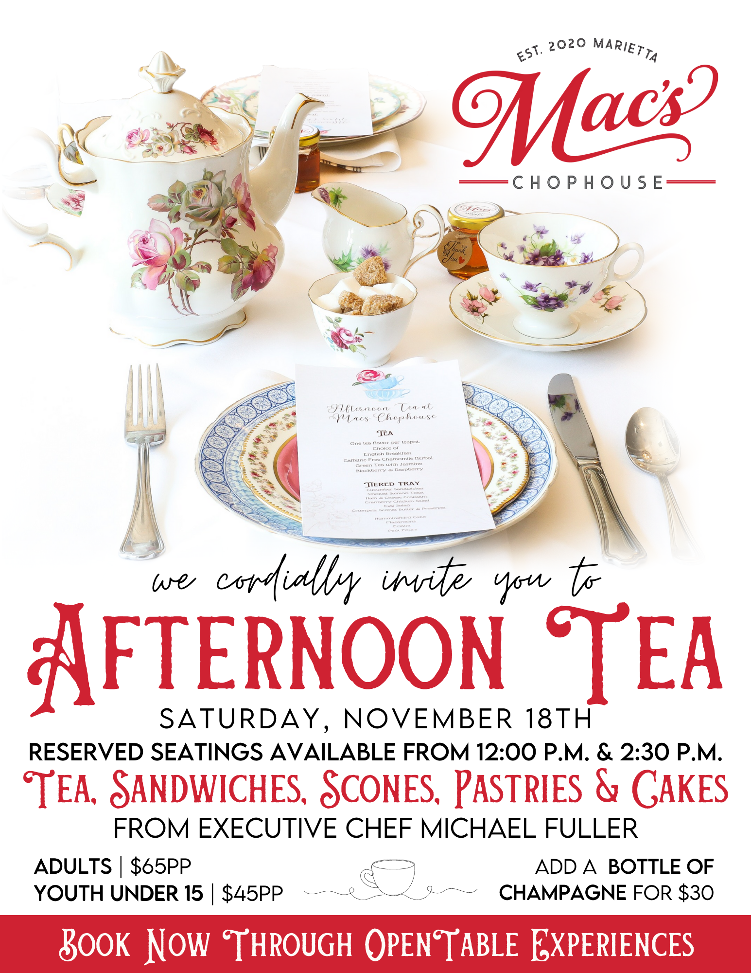 A poster for mac 's chefhouse afternoon tea on saturday , november 18th.