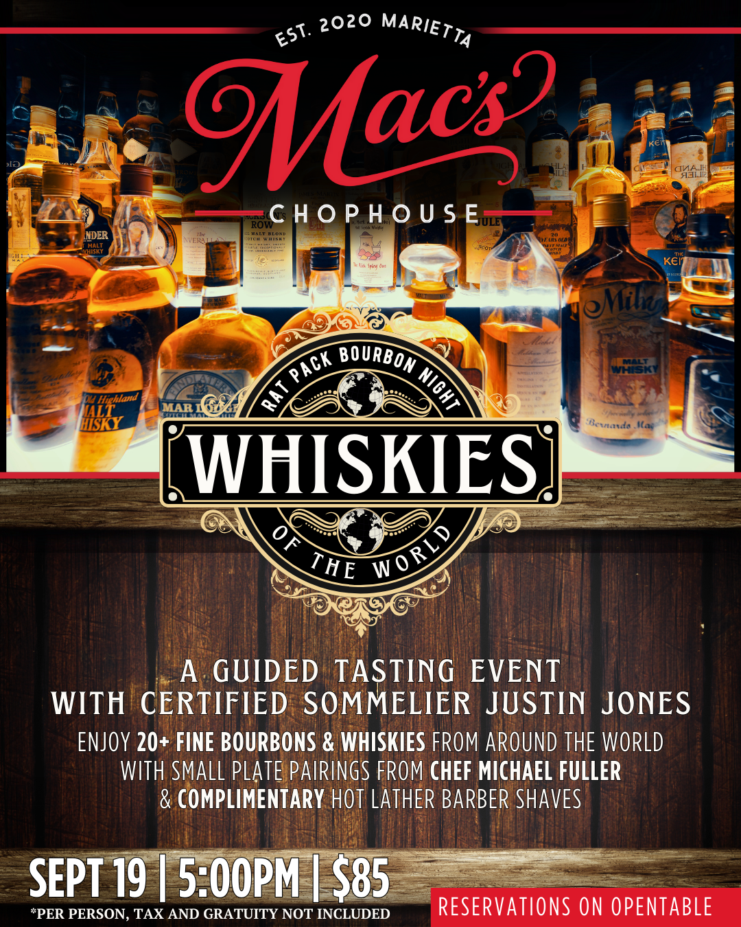 A poster for mac 's chophouse whiskies of the world