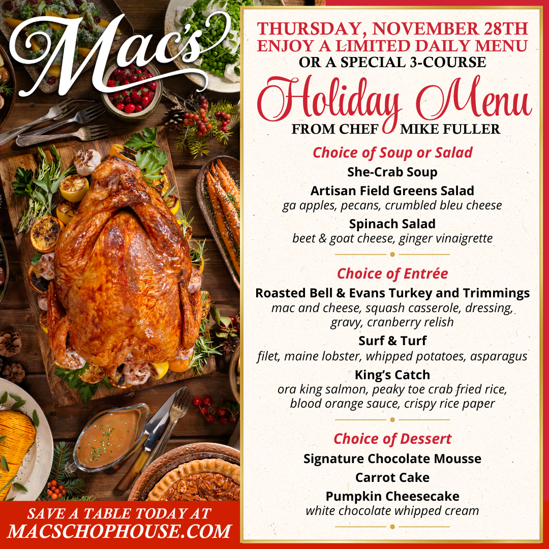Mac 's restaurant has a holiday menu for november 28th
