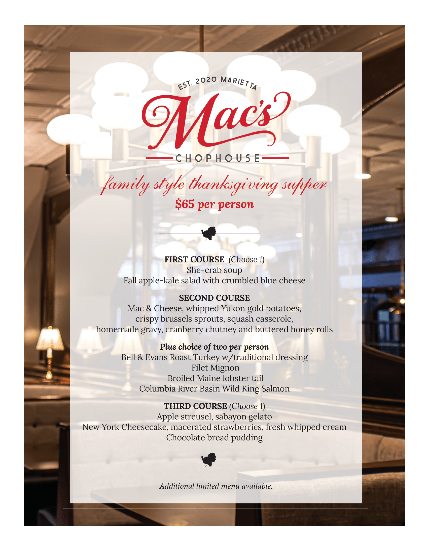 A menu for mac 's restaurant with a picture of a restaurant.