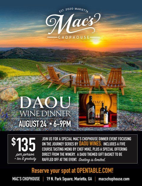 An advertisement for mac 's chophouse 's daou wine dinner