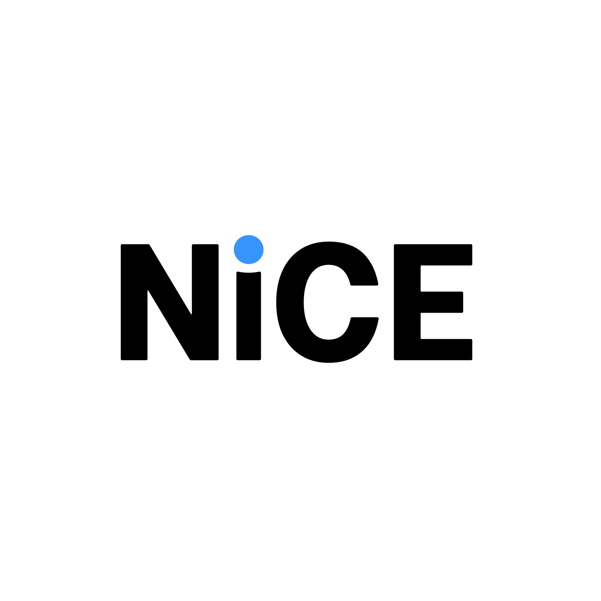 Black “NICE” wordmark with a blue dot above the “I” on a white background