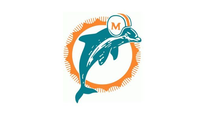 Miami Dolphins logo: A leaping dolphin wearing a football helmet, inside a sunburst.