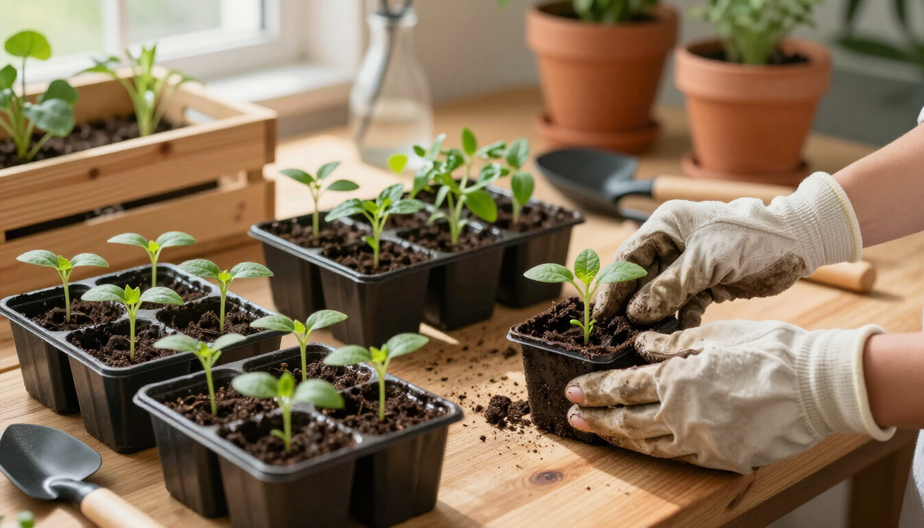 Plantines y plantas de vivero sobre una mesa de trabajo