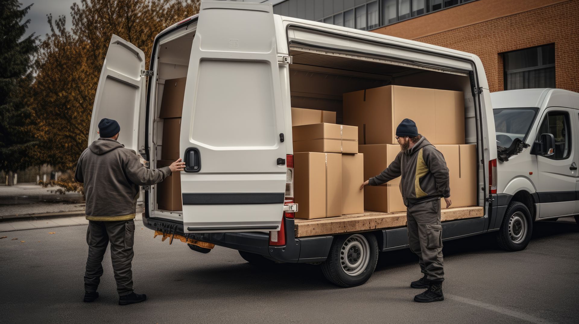 Two delivery men are loading boxes into a van.
