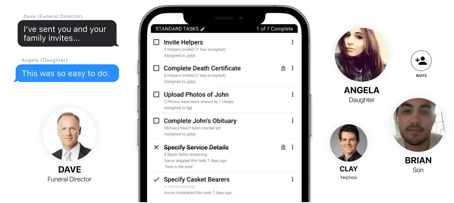 Mockup of a social app with chats, contact list, and profile avatars on a phone screen