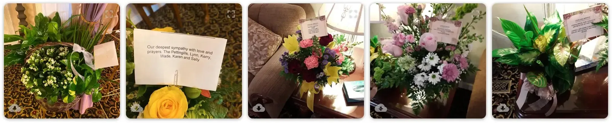 Five-panel collage of flower arrangements, gift baskets, and a bouquet with a note card
