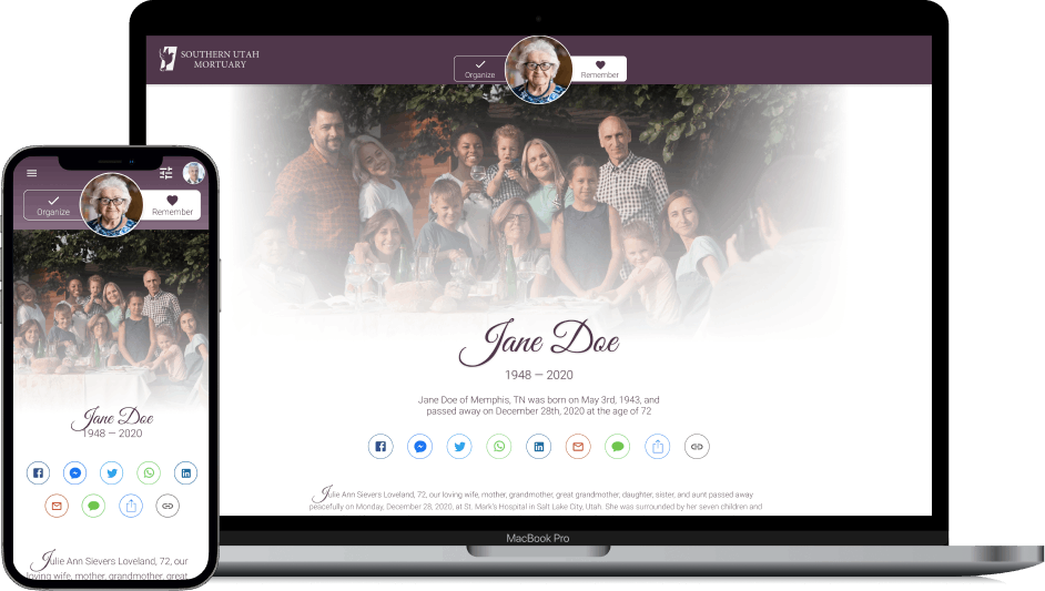 Website mockup on laptop and phone showing a vintage black-and-white portrait with soft green accents