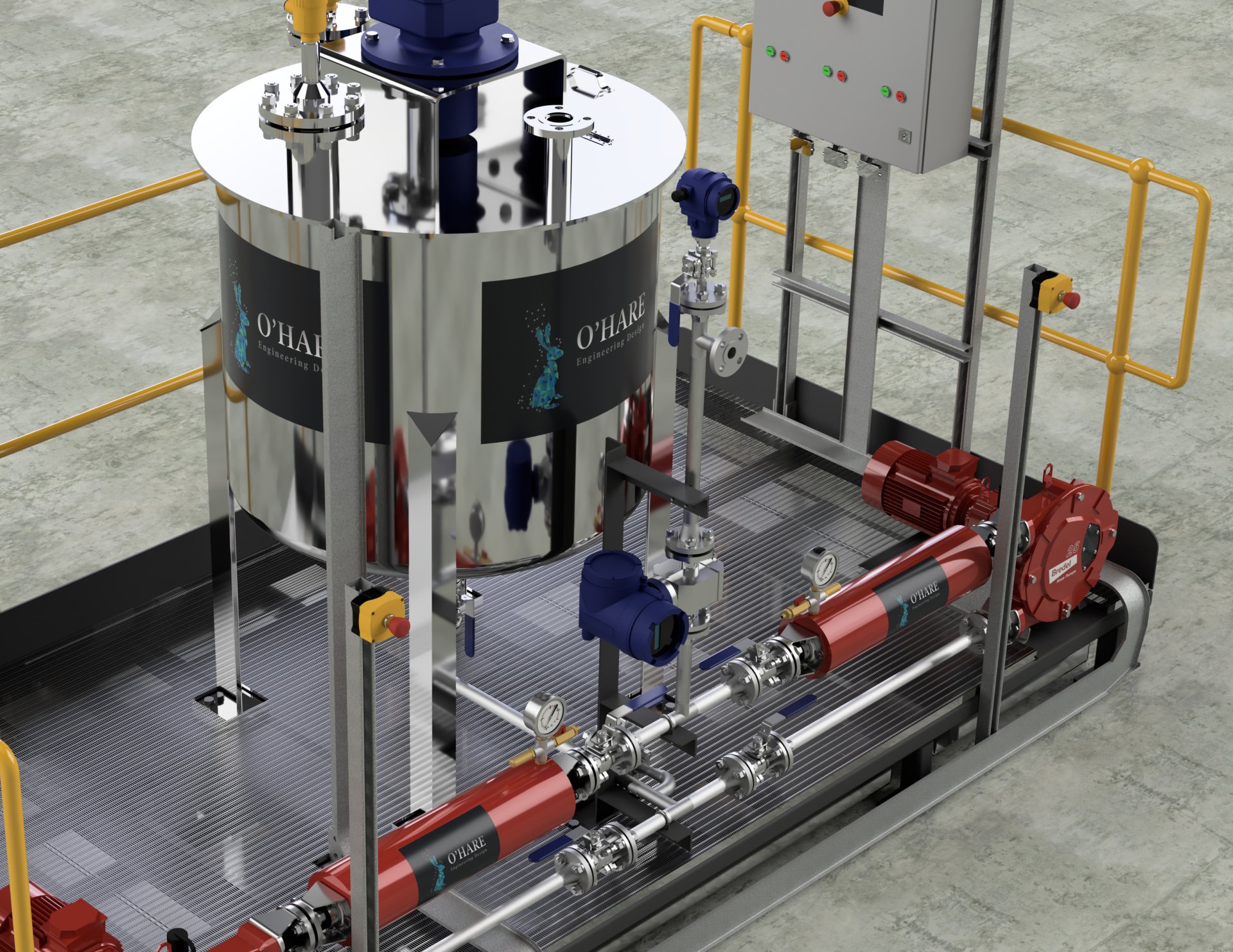 3D render of chemical dosing skid