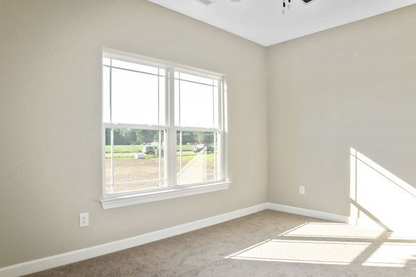 Empty room with tan walls, window, and carpet; sunlight streaming in.