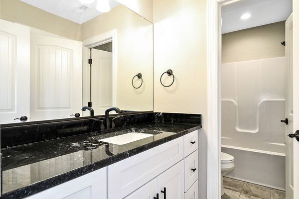 Bathroom with white vanity, black countertop, large mirror, and open door to a shower/toilet.
