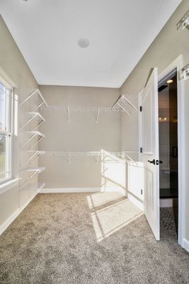 Empty walk-in closet with wire shelving and a partially open white door. Gray carpet, off-white walls.